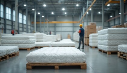 White mattresses arranged on wooden pallets inside large industrial factory. Workers visible in background. Mattresses neatly organized for storage processing. Production setting in modern facility