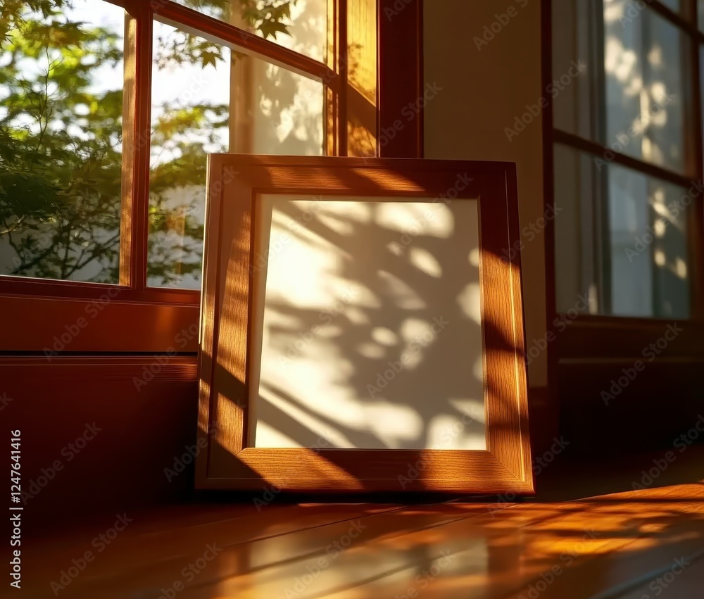Poster empty wooden picture frame placed on a wooden floor, illuminated by sunlight filtering through a win