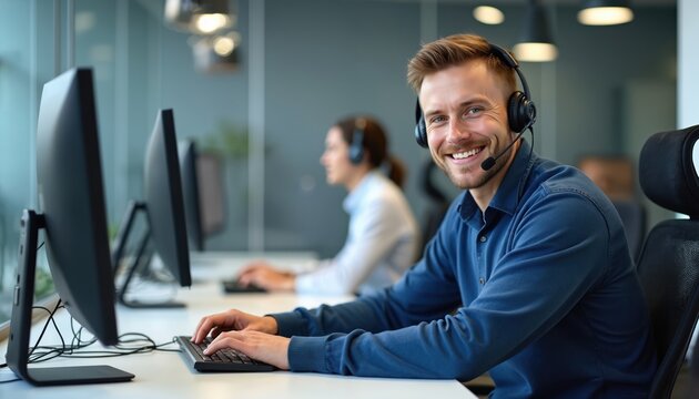 Call center employee working indoor. Smiling employee wearing headset, blue pullover. Employee sitting in front of computer. Happy guy talking with customer. Modern tech office. Businessman working.