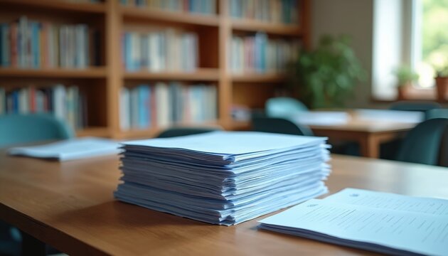 Stack of light-blue documents on wooden table. Bookshelves filled with books in background. Documents look like handouts educational materials. Indoor setting in room. Possible seminar workshop