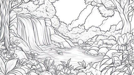 Fototapeta premium Waterfall scene, lush rainforest, tranquil stream, coloring page