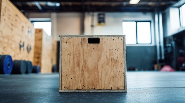 Wooden plyo box in a modern gym setting, ready for strength training