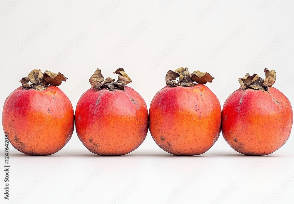 Poster four orange red fruits in a row against a white background, creating a simple, visually appealing co