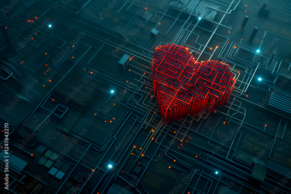 Poster a digital heart glows amidst a network of circuitry, symbolizing the intersection of technology and 