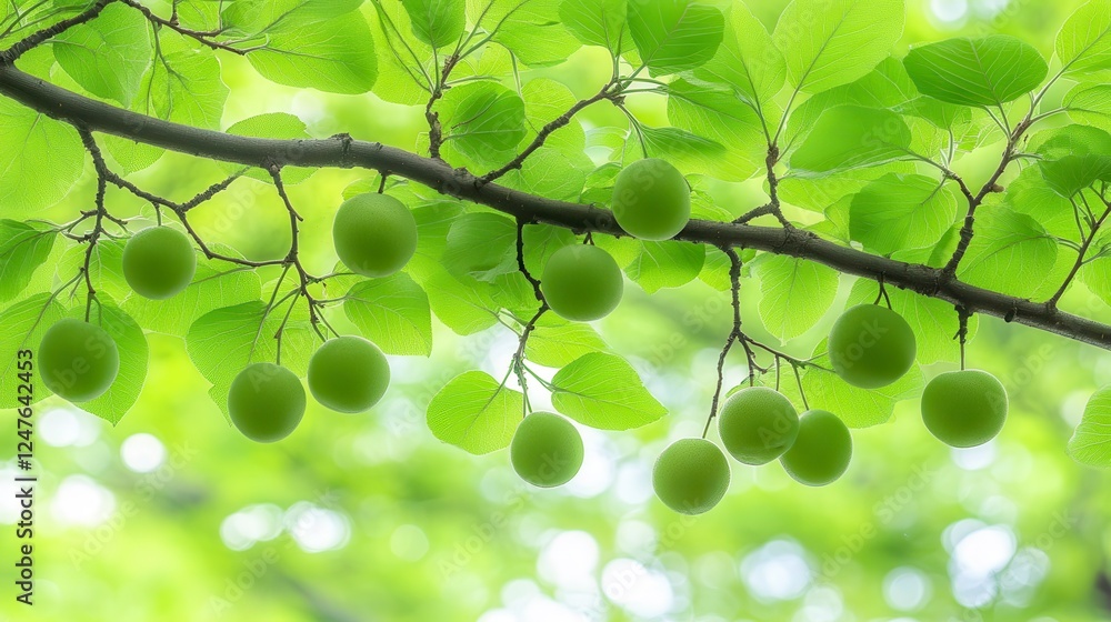 Poster closeup view of fresh green foliage and small round fruits on a tree branch, soft light and bokeh ef