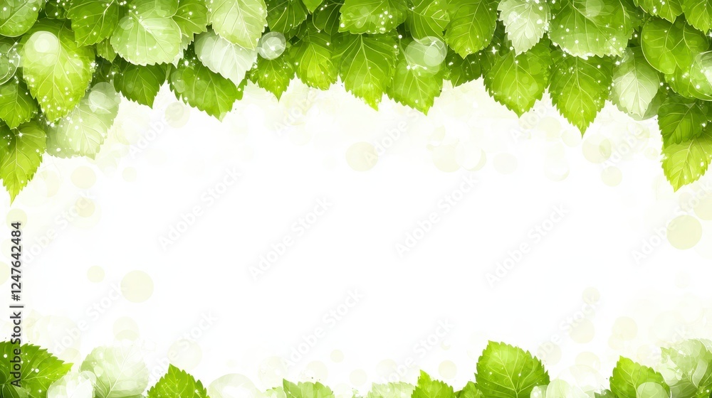 Poster fresh green leaves border a white background with bokeh effect, creating a spring or summer scene