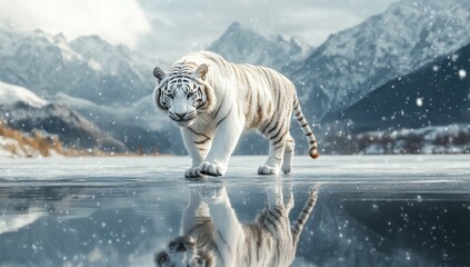 Majestic white tiger walks frozen lake, snowy mountains