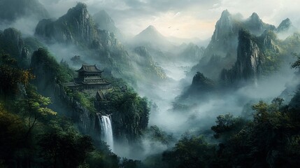 Naklejka premium Majestic mountain landscape with a traditional Asian temple perched on a cliff amidst fog