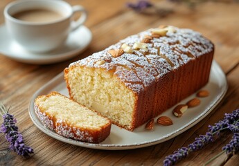 Freshly Baked Almond Cake with Slices on Plate Surrounded by Lavender and a Cup of Coffee on Wooden Table