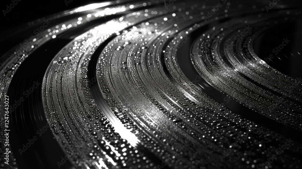 Poster close up view of black vinyl record showcases its smooth surface adorned with droplets, creating cap