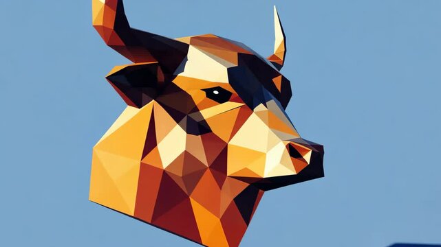 Bull's head is shown in a blue background. The bull's horns are large and pointy, and the head is brown