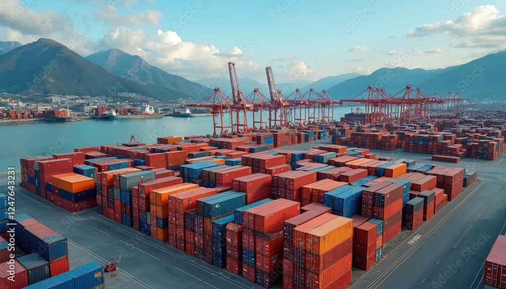 Poster aerial view of busy shipping terminal. stacked cargo containers of various colors occupy large yard.