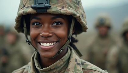 Close-up photo of smiling black woman soldier in army uniform. Proud female soldier wearing camouflage uniform. Military service member stands amongst colleagues. Photo shows strength, duty. Army