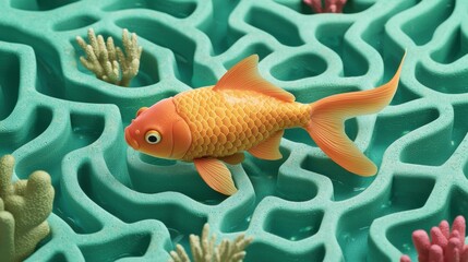 Naklejka premium Orange fish in a teal maze. AI.