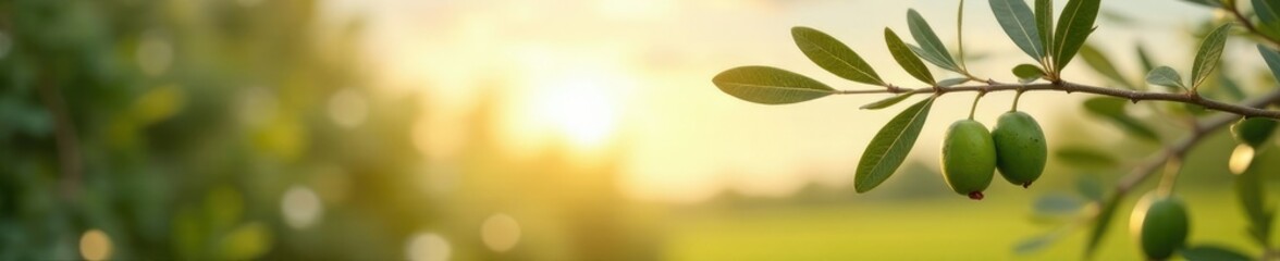 Fototapeta premium Olive branch with green olives against a bright morning sky, branches, tree, flowers