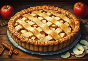 Freshly Baked Apple Pie Decorated with Lattice Crust Surrounded by Juicy Red Apples and Cinnamon Sticks Perfect for Autumn Celebrations