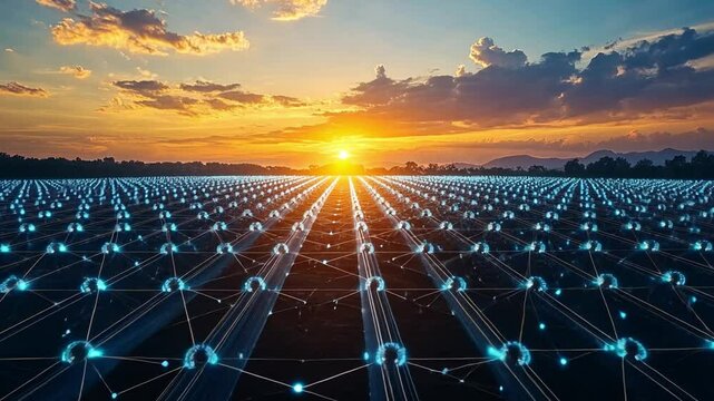 Data Network under Sunset: A vast network of interconnected nodes glows under the warm light of the setting sun, representing global data transfer and technological advancement. - Powered by Adobe