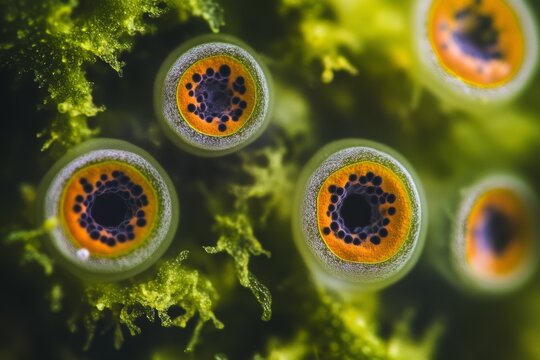 Microscopic frog eggs moss background closeup science