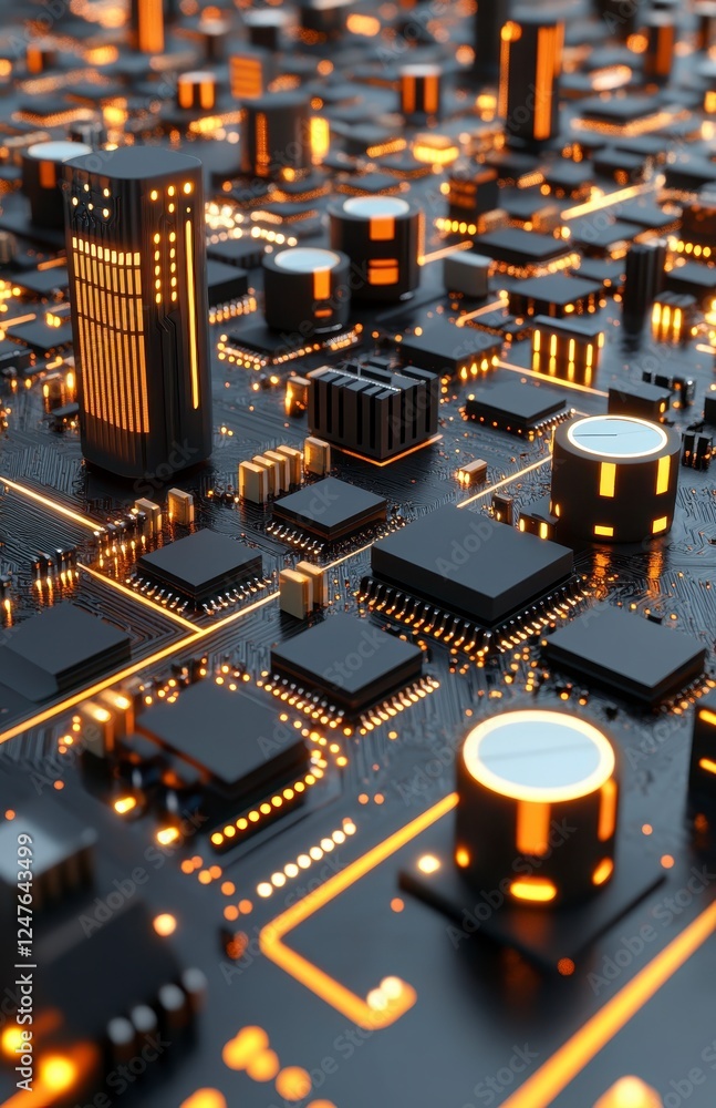 Poster close up view of intricate circuit board design, featuring glowing orange components and dark grey c