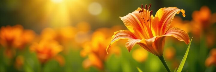 Fototapeta premium Orange lily flowers dance in the warm sunlight of a summer garden, orange lily, stems