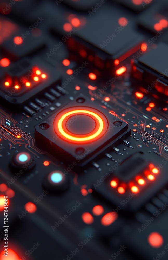 Poster close up view of circuit board with glowing orange button and other components, dark background, det
