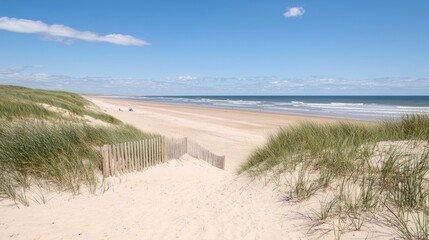 Sandy beach path, ocean view, dune grasses, summer day, travel poster
