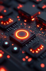 Fototapeta premium Close up view of circuit board with glowing orange button and other components, dark background, detailed circuit paths