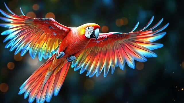 Majestic Parrot in Flight: A vibrant parrot soars gracefully with open, colorful wings, showcasing the stunning beauty and freedom of nature.