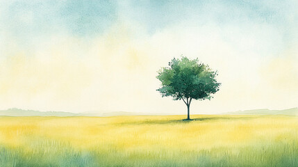 Obraz premium A Lone Tree in a Soft Watercolor Landscape