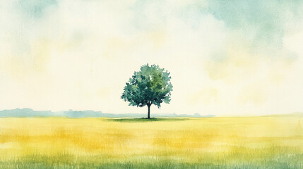 Fototapeta premium A Lone Tree in a Soft Watercolor Landscape
