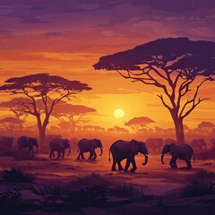 Fototapeta premium Elephants walking at sunset in African savanna.