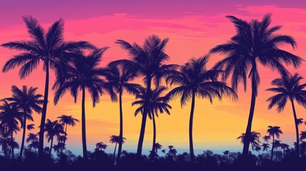 Palm trees silhouetted against a sunset on a tropical beach.  - ai
