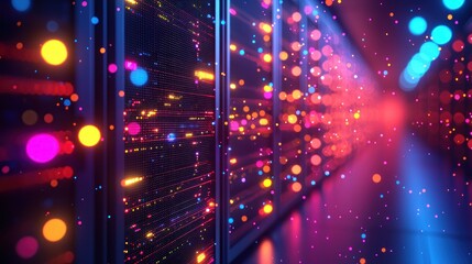 Data center server room, glowing lights, network, digital, technology, background, website, illustration
