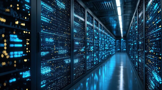 Data center server room, glowing digital code, technology infrastructure