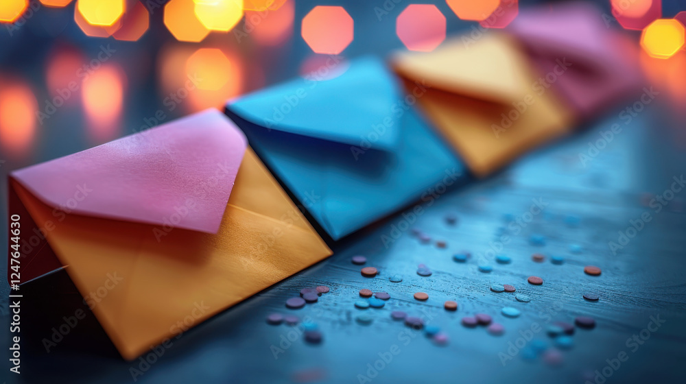 Poster colorful envelopes arranged in row with blurred background of lights, creating festive atmosphere