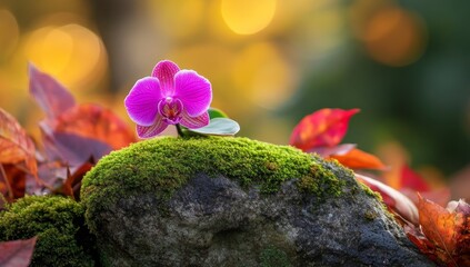 Pink orchid blooms on mossy rock, autumn leaves, garden backdrop, serene nature scene