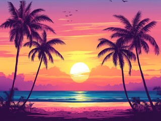 Obraz premium Palm trees silhouetted against a sunset on a tropical beach. - ai
