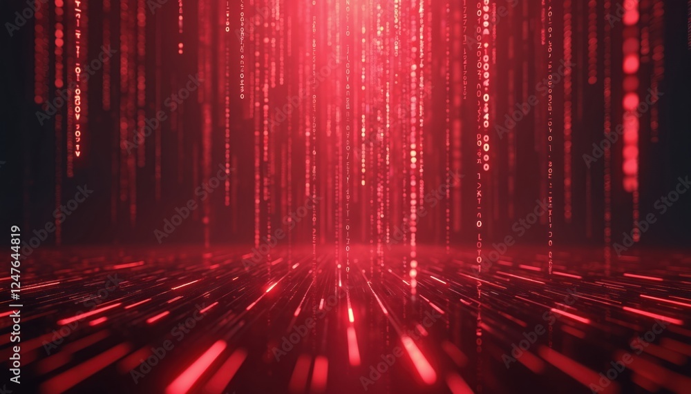 Fototapete Abstract tech background displays flowing red binary code. Dynamic glowing lines, patterns create futuristic digital environment. Digital rain of data streams across dark space. Glowing red code