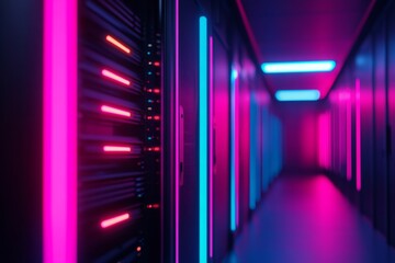 Pink blue neon server room corridor data center