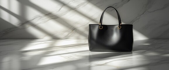 Black tote bag on marble surface, sunlight