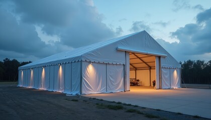 Large white PVC industrial tent structure stands on paved ground. Dusk sky partly cloudy. Lights illuminate interior of tent. Outdoor event space temporary shelter. Suitable for construction storage.