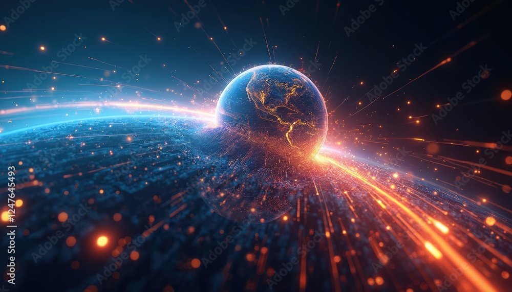 Poster abstract globe bursts with fast data streams. global tech network explodes with glowing lines. high-