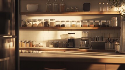 A modern kitchen featuring a sleek spice rack with evenly spaced glass jars.