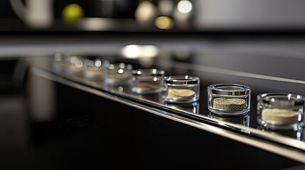 A modern kitchen featuring a sleek spice rack with evenly spaced glass jars.