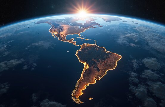 Sunrise view from space over South America. Continents massive forest cover highlighted by city lights. Earth seen from afar with sunrise, stars in dark sky. Massive forest shows in eco-tourism