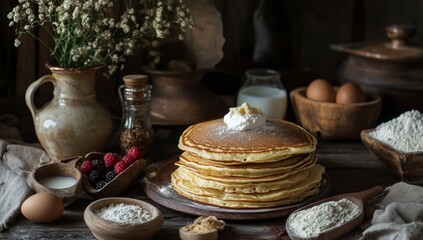 Rustic Kitchen Pancakes Stack, Ingredients, Still Life
