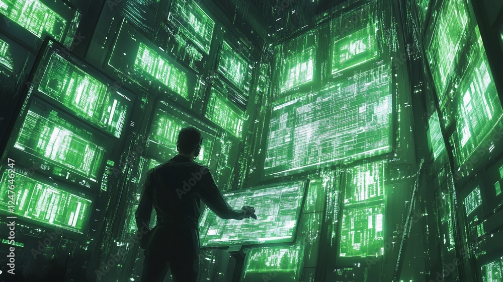 Aufkleber man manipulates screens with digital data in a futuristic control room interface