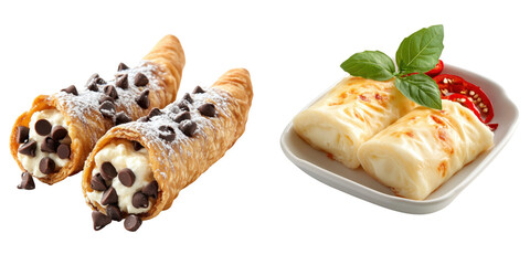 Delicious dessert and savory dish featuring cannoli and cheese rolls