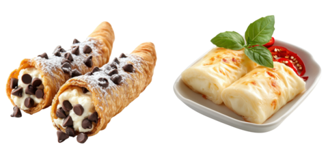 Delicious dessert and savory dish featuring cannoli and cheese rolls