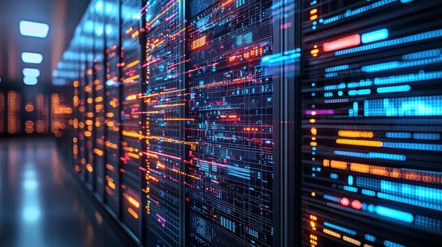 Data center servers, network activity, digital information flow, technology infrastructure, background blurred
